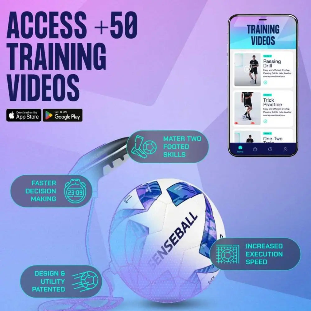 Valkoinen ja sininen senseball jalkapallo teksturoitulla ja jaetulla pinnalla football kick trainer koko 3 palloksi