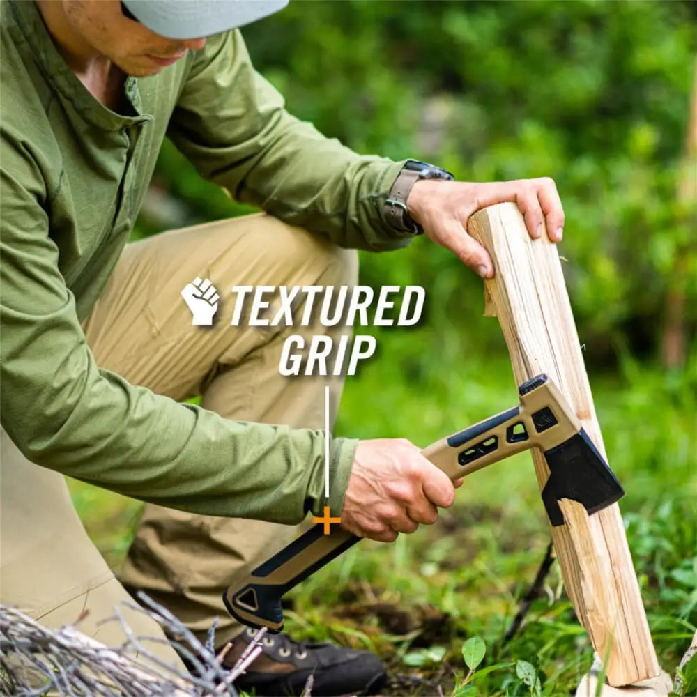 Gerber bushcraft hatchet tan and black tactical axe with textured grip for outdoor survival tasks