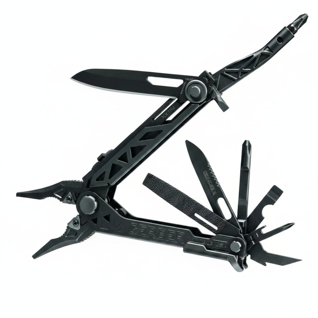 Black gerber Center-Drive multi-tool with sleek textured design and multiple functional blades and tools