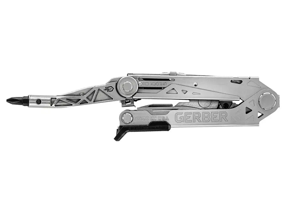 Silver gerber center drive plus multi-tool with sleek geometric design and black accents in metal finish