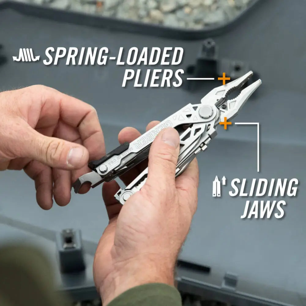 Silver and black gerber center drive plus spring-loaded pliers with sliding jaws and sleek multi-tool design