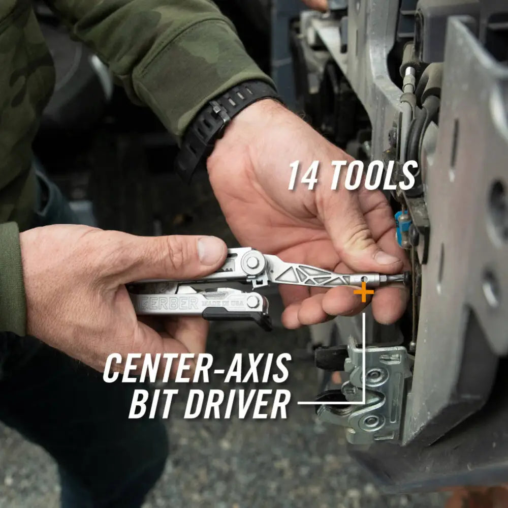 Silver and black gerber center drive plus multitool with center-axis bit driver and leatherman engraving on side