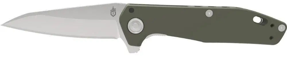Olive green handle gerber fastball folding knife with silver blade and logo on blade spine for outdoor use