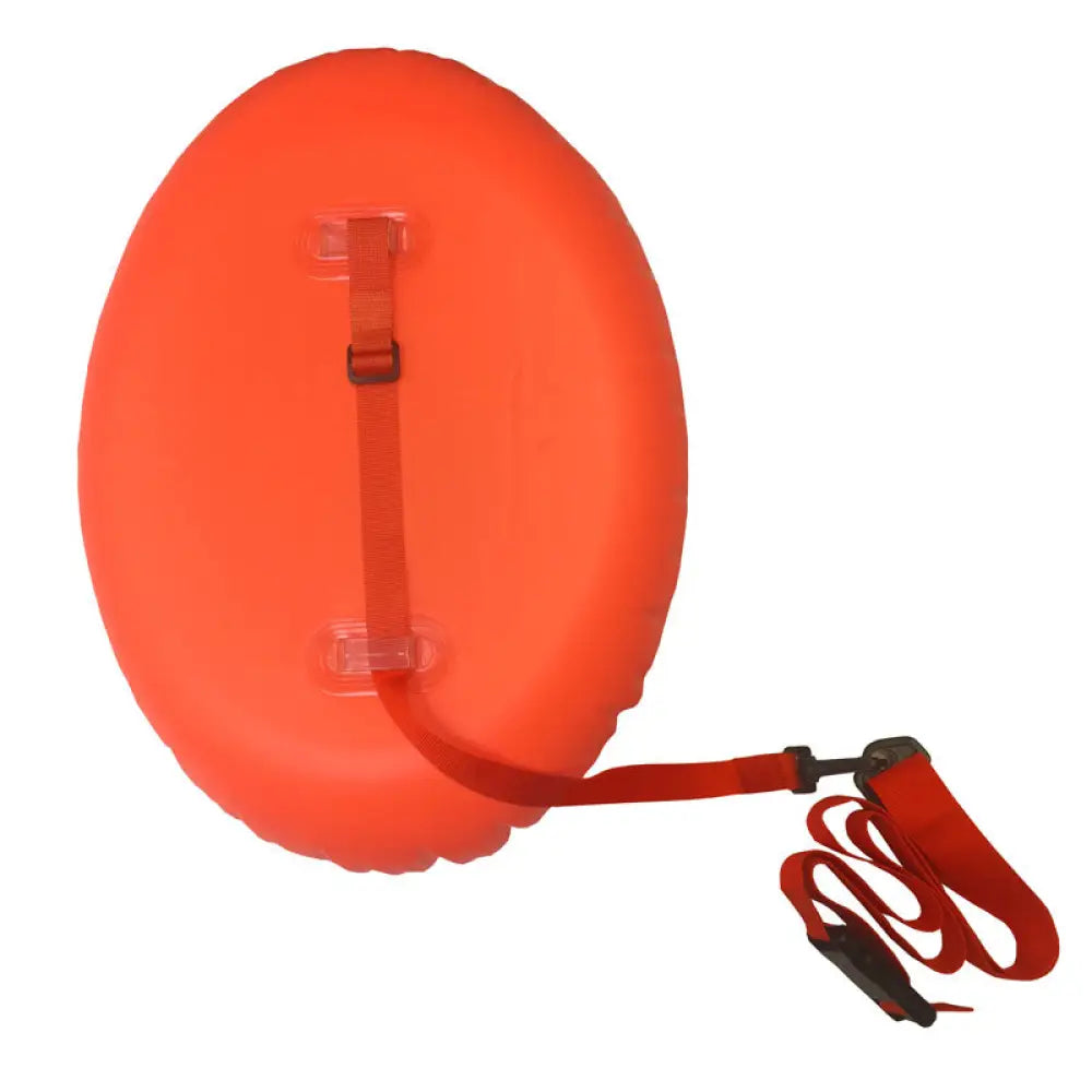 Bright orange grab bag donut buoy inflatable life preserver with red webbing straps and black plastic buckles