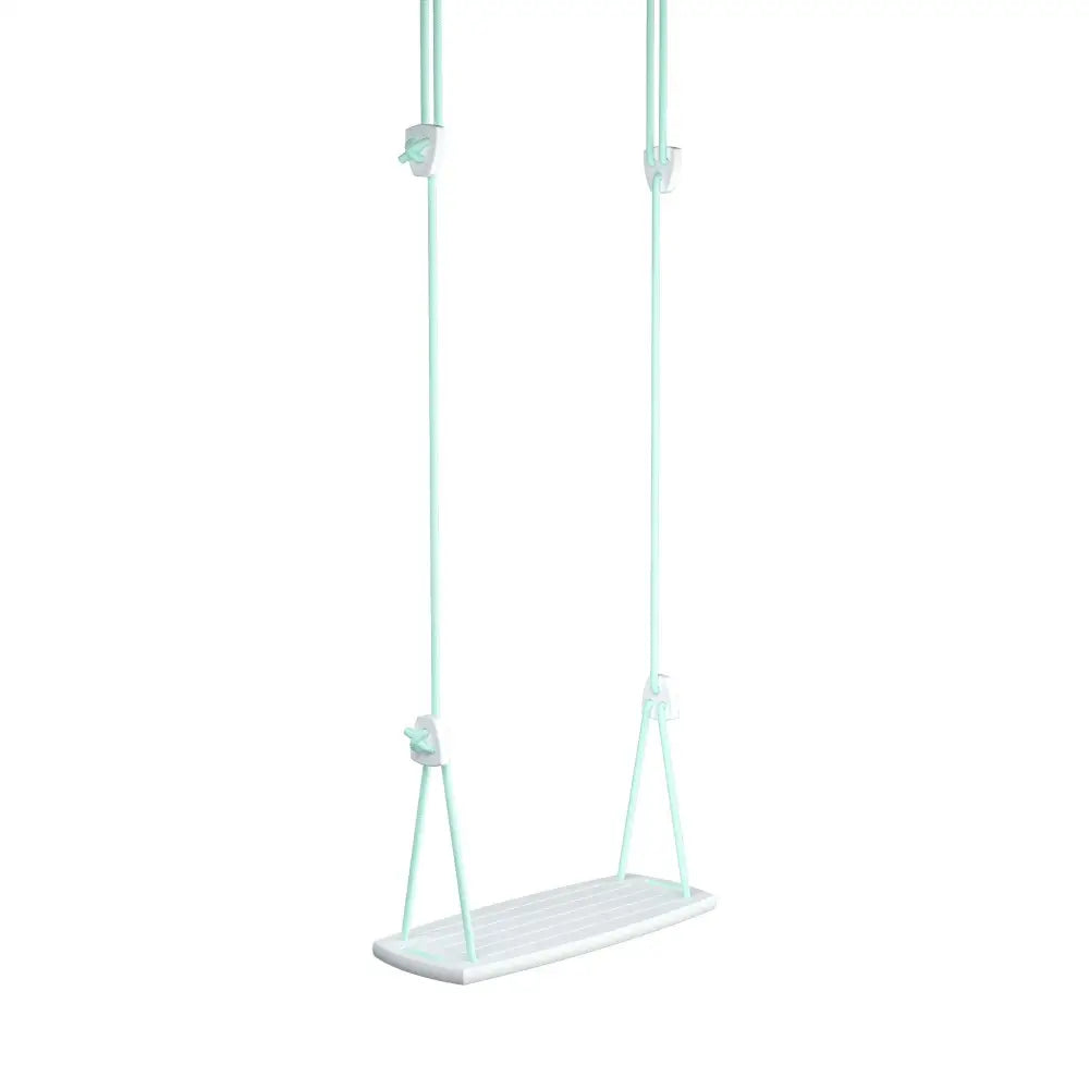 A mint green and white grand birch mint children’s swing with a plastic seat and rope suspension