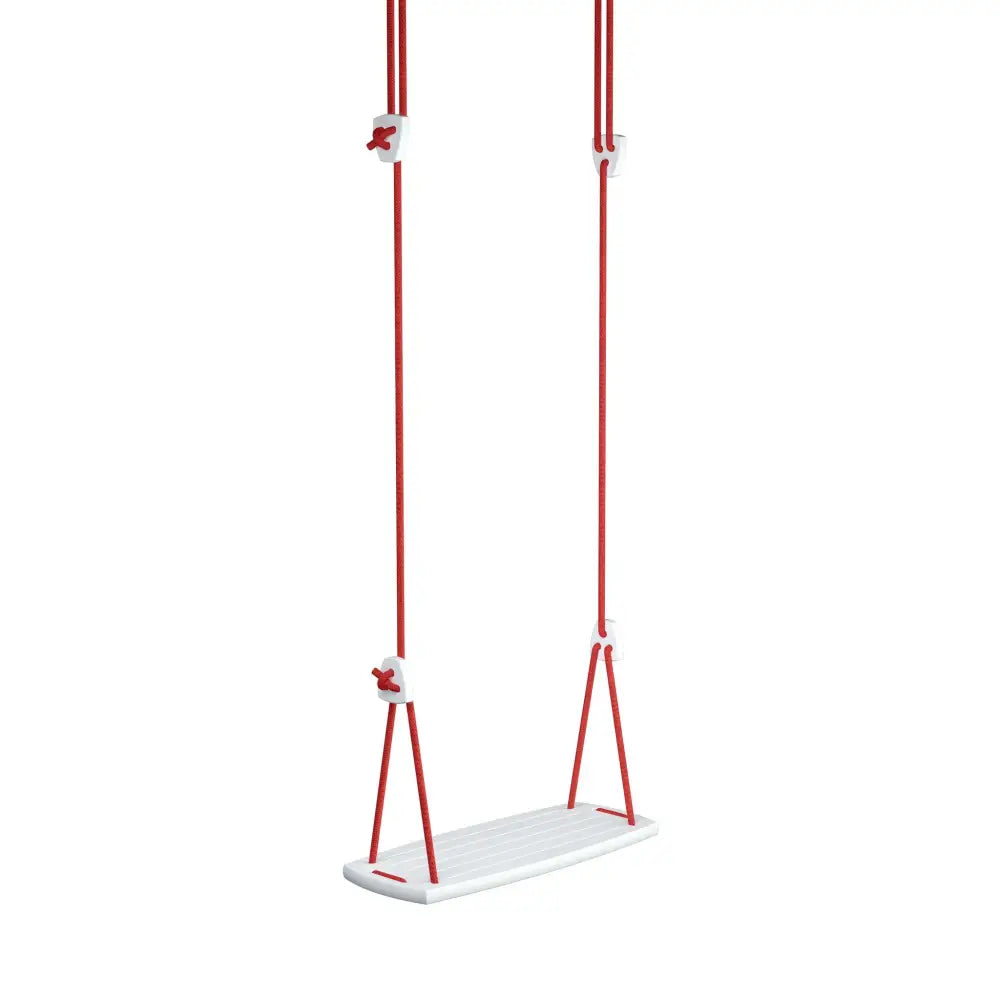 White plastic grand birch swing with red ropes and white metal hardware for outdoor use