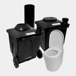 Mustat pyörälliset muovikuivakäymäläyksiköt valkoisella posliinisella istuimella green toilet lux kuivakäymälää varten