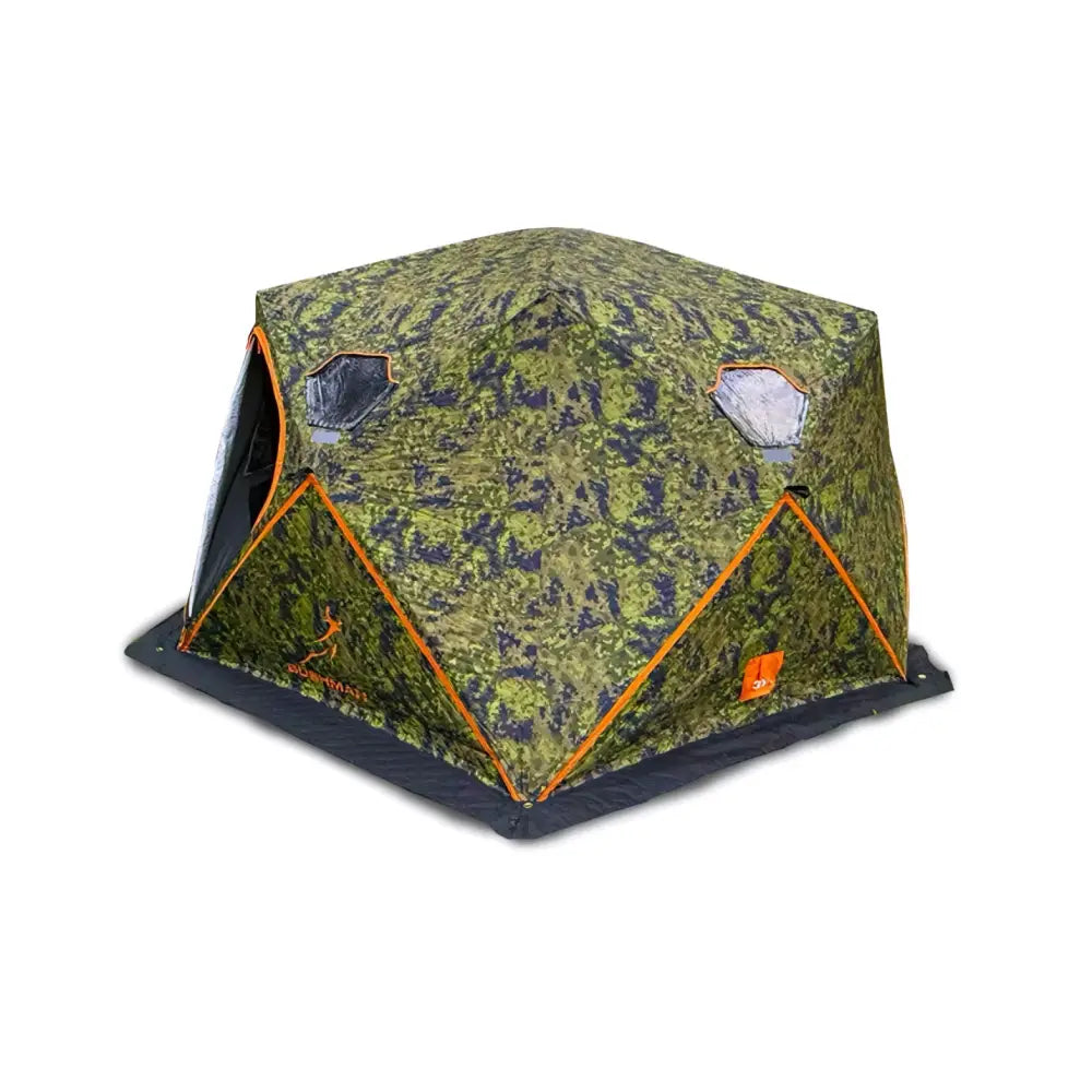 Haghus bushman 2xl metsästysteltta vihreä-musta camouflage-kuvio ja oranssit reunat jääkalastukseen