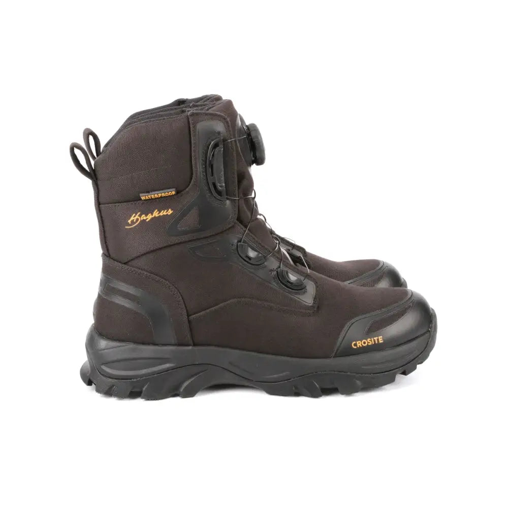 Dark brown waterproof hiking boots with black accents and boa lacing system haghus crosite maiharit