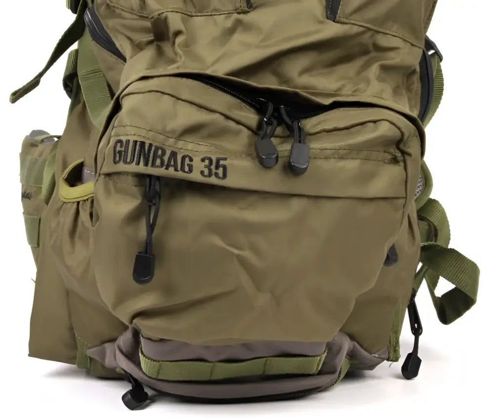 Olive green tactical backpack haghus korpimäki 35 päivärinkka with gunbag 35 printed on front pocket