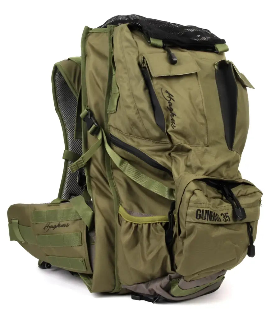 Olive green hagbars tactical backpack gunbag 35 with black accents and multiple compartments for haghus korpimäki 35 päivärinkka asepussilla