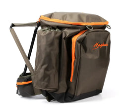 Brown and orange hargus metsä reppujakkara 40l kalastusreppu sisäänrakennetulla taittostoolilla takaa näkymä