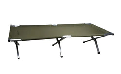 Olive green canvas folding cot with silver metal frame and black rubber feet haghus retkisänky 190x64x42cm