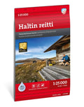 Kartta haltin reitti 1 25 000 punaisella ja harmaalla värillä, ulkoilumaisema ja retkeilijöitä metsässä puumajalla