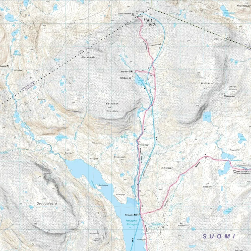 Topografinen kartta haltin reitti 1 25 000 suomalaisten vuoristoalueiden käyräviivoilla ja reiteillä