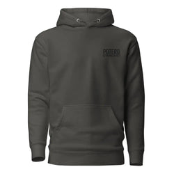 Dark gray cotton happy hunting huppari with subtle potero standard logo and silver metal eyelets at the hood