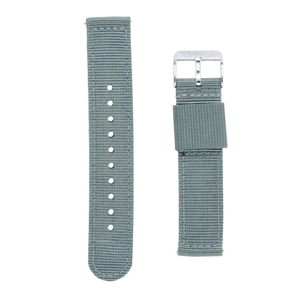 Harmaa 20mm nylon-tekstiiliranneke hopeansävyisellä soljella, näkyvissä tuotteen etupuoli