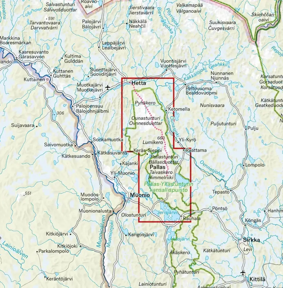 Kartta hetta-pallas-reitti 1:30 000 esittää hetan alueen punaisella rajattuna topografisilla käyrillä ja järvillä kuten pallas ja kerttäjärvi