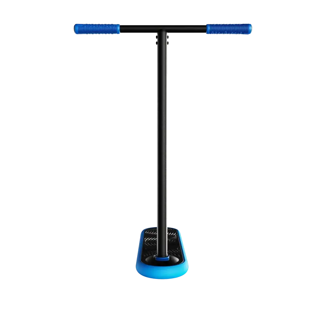 Indo pro v2 trick scooter sininen ja musta t-mallinen osa teksturoiduilla kahvoilla ja kuvioidulla jaloilla