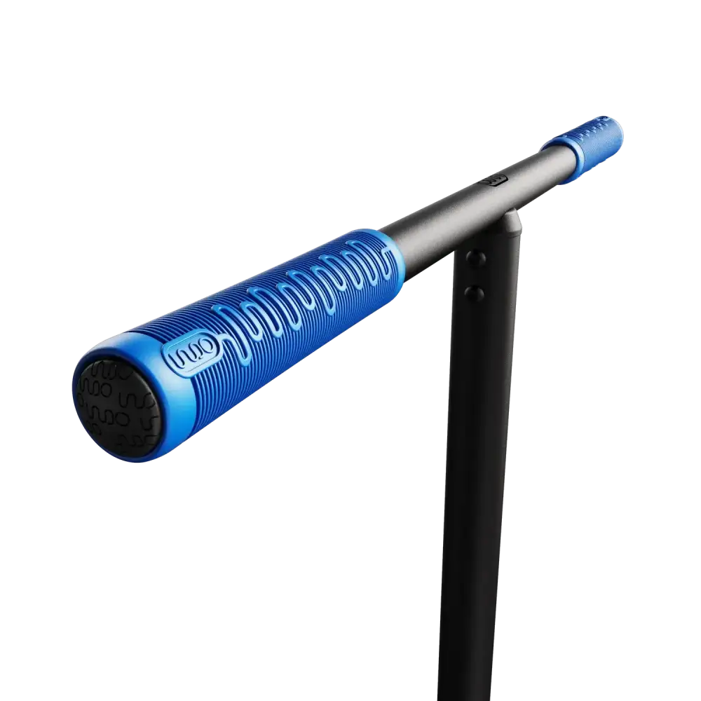 Indo Pro v2 trick scooter featuring a blue textured grip handle and a sleek metallic shaft with ergonomic design