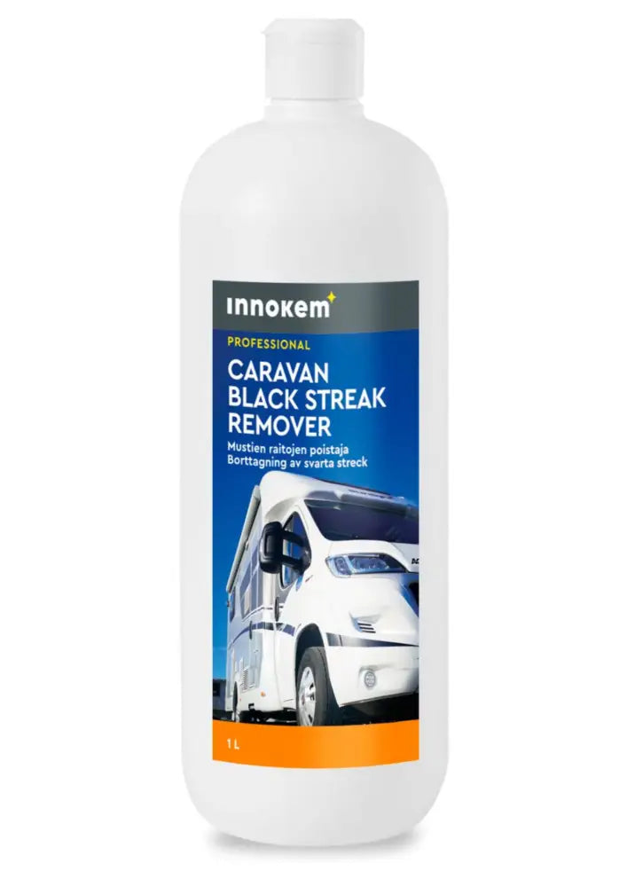 White plastic bottle of innokem professional caravan black streak remover 1 liter with blue and orange label featuring caravan image
