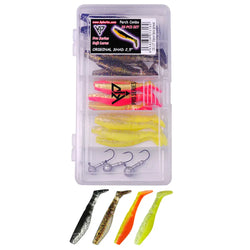 Clear plastic case containing 28 colorful glittery and solid soft fishing lures in various shapes from k.p original shad 25 lajitelma 20kpl plus 3 jigipäätä
