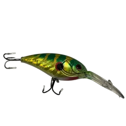 A shiny metallic green and yellow käärijä wobbler fishing lure designed for suurahven 7.5cm 24g