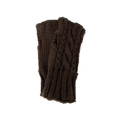 Dark brown knitted fingerless glove with intricate cable knit pattern from kämmekkäät sunset collection showing the back side
