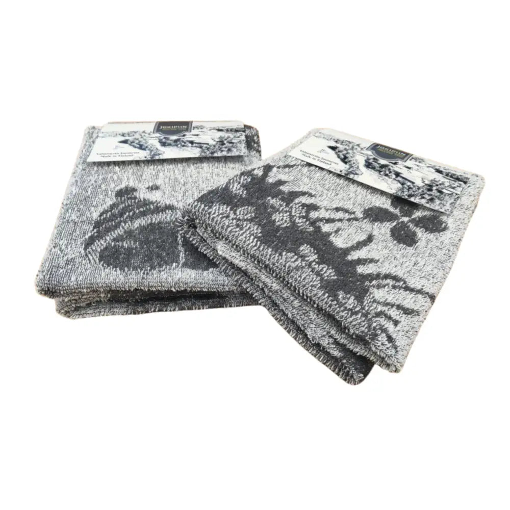 Gray and black embroidered käsipyyhe pellavafrotee kitchen towels with textured woven linen fabric by jokipiin pellava