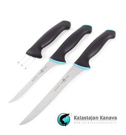 Setti kolmea mustakahvaista kalastajan kanava viletti veistä turkoosein yksityiskohdin wald & käppi kalastukseen