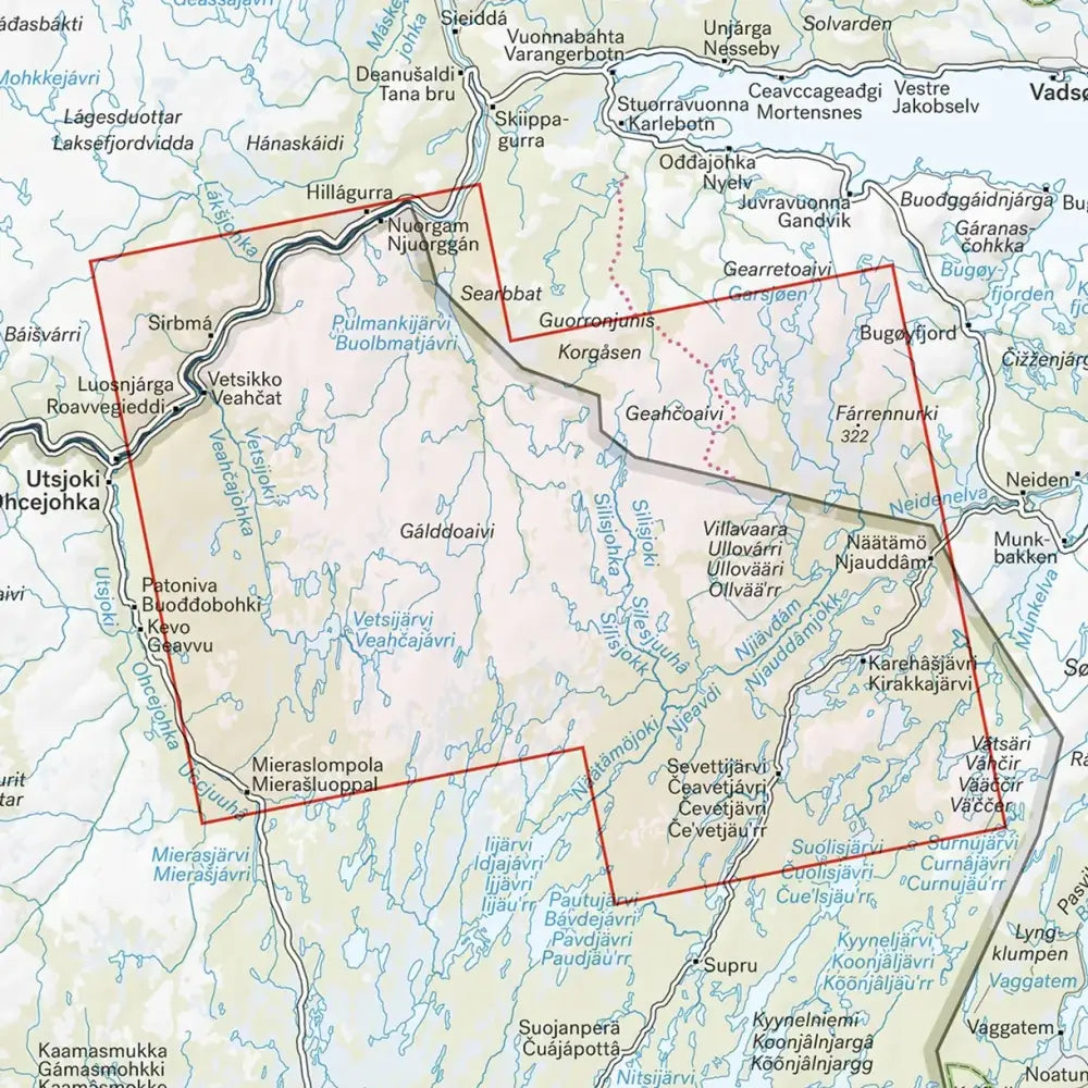Kaldoaivin erämaa 1 60 000 yksityiskohtainen topografinen kartta särkänniemen alueesta sinisin vesistömerkinnöin beigeella taustalla