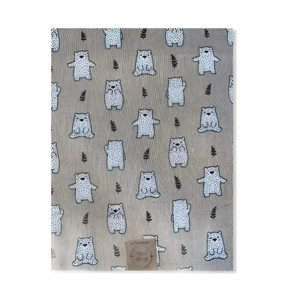 A soft gray fabric notebook cover kestoliina with white spotted bears and dark green ferns pattern