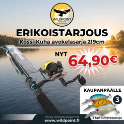 Musta ja petroolinsininen kössi-kuha avokelasarja 219cm kalastusvapa ja kela wildpoint outdoorsilta