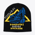 Musta neulottu konekuski ei kävele koskaan pipo sinisellä kaivinkonekuviolla ja keltaisilla kolmioilla