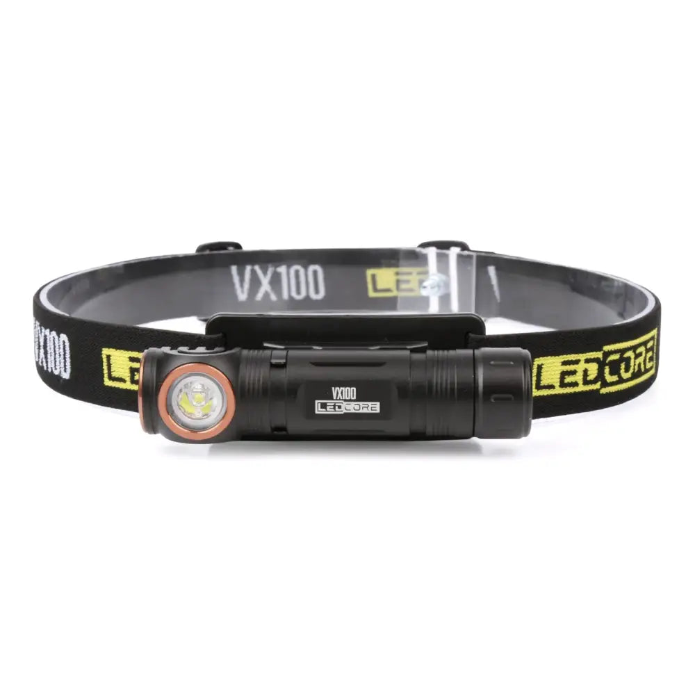 Ledcore vx100 ladattava otsavalo mustalla ja kuparinvärisellä kehyksellä sekä keltaisella brändäyksellä