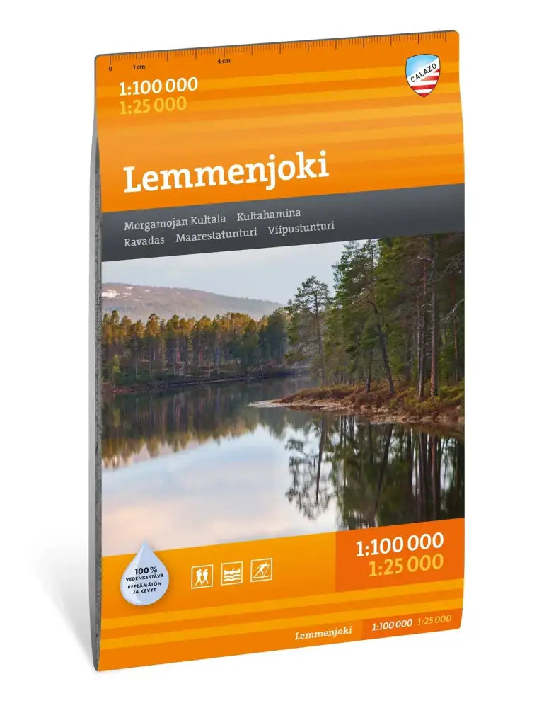 Oranssi ja harmaa laminoitu lemmenjoki kartta gallalta, jossa on maisemallinen metsälammenn heijastus