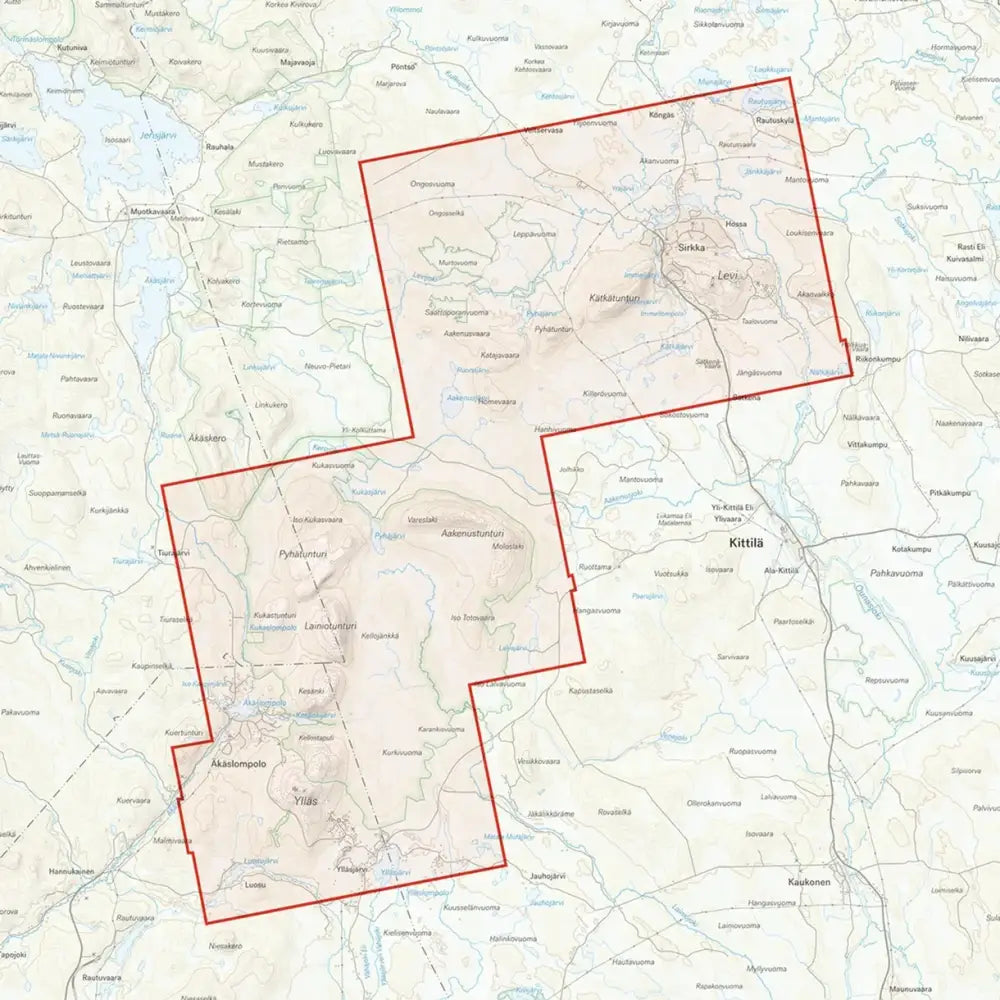 Topografinen kartta suomesta levi ylläs aakenus 125000 mittakaavassa korostettuna kaksi aluetta punaisella rajauksella
