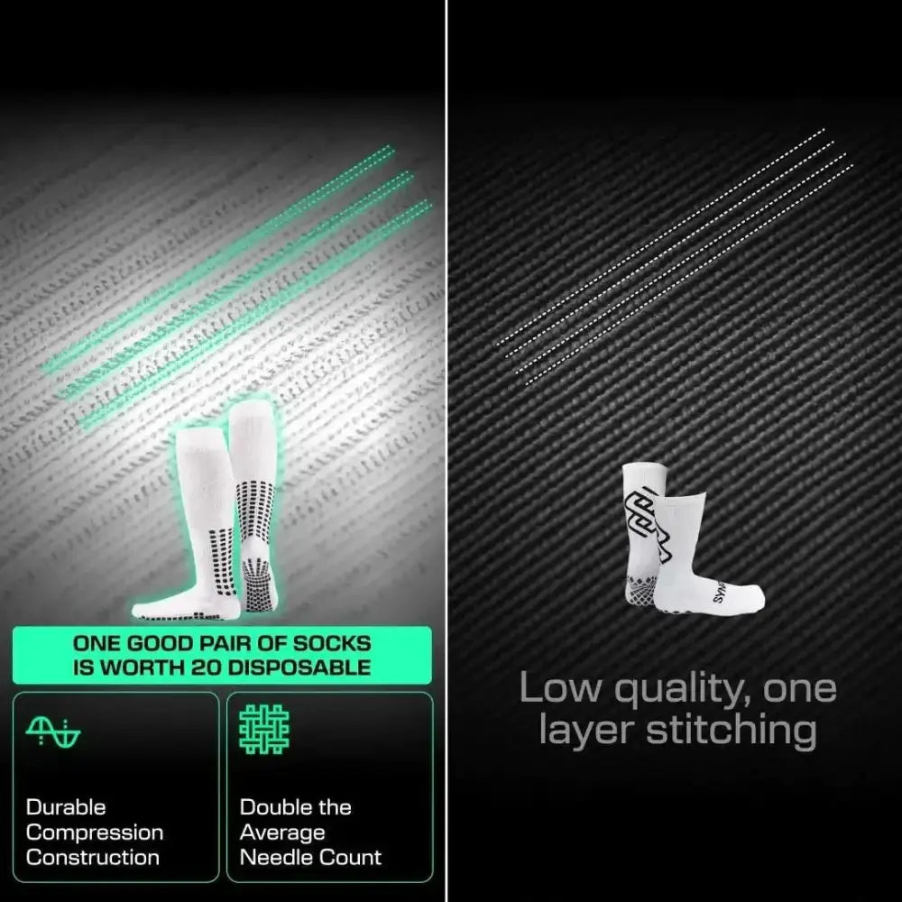 Valkoiset luks anti slip jalkapallosukat, polveen ulottuvat, mustat kuviot ja logo sivulla