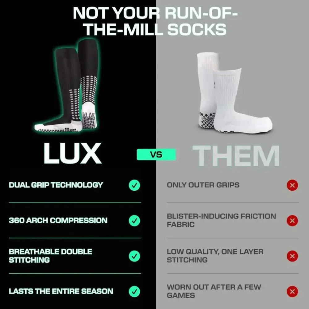 Lux anti slip football socks knee mustat urheilusukat valkoisilla pohjilla ja liukumattomilla pisteillä
