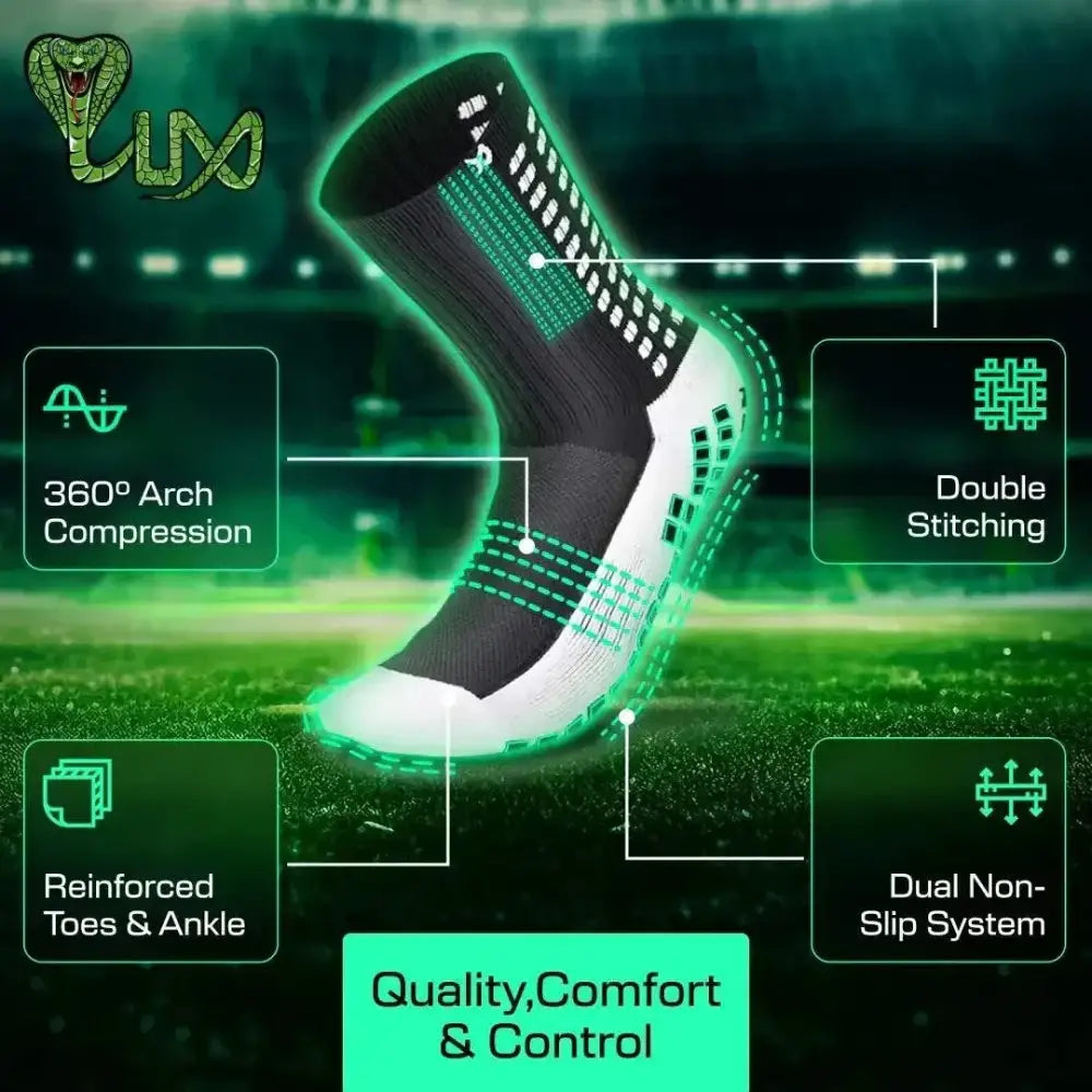 Lux anti slip football socks calf black and white with green accents reinforced toes and ankle support