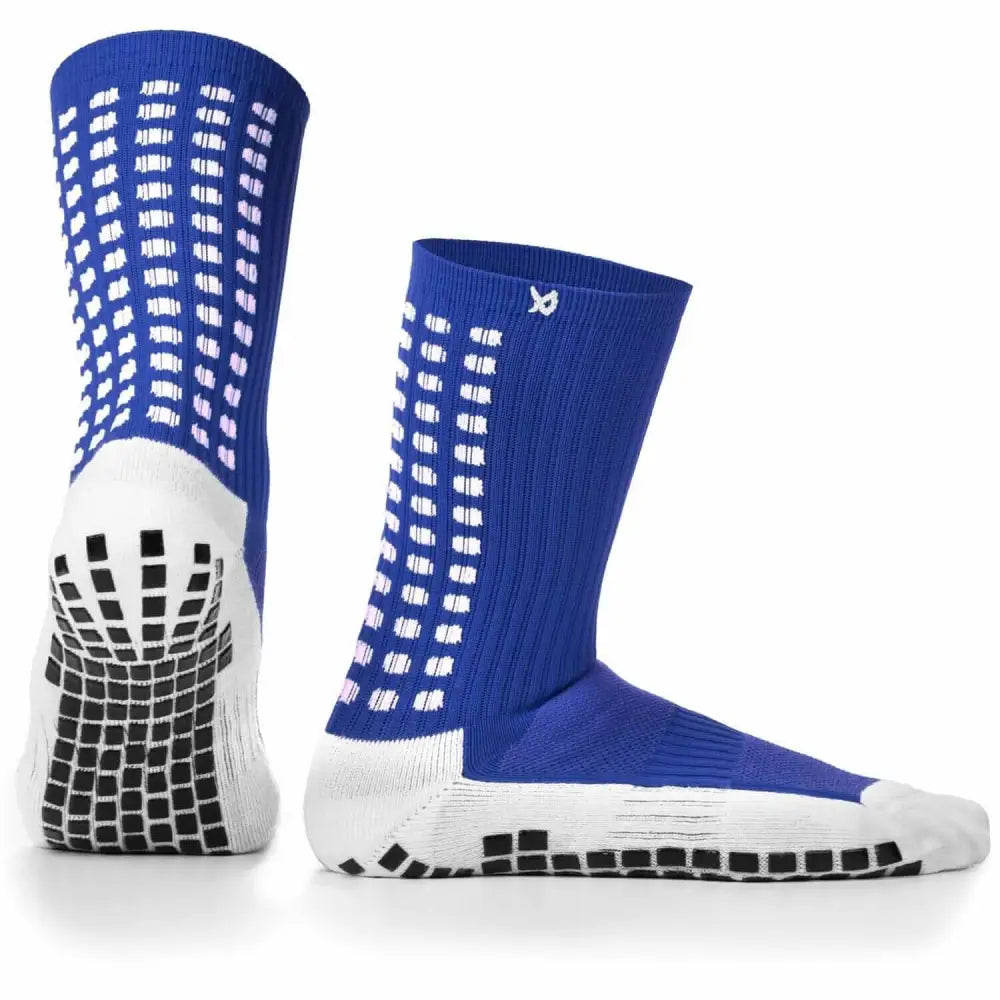 Lux anti slip football socks one size calf in blue and white with black rubberized grid soles for enhanced traction