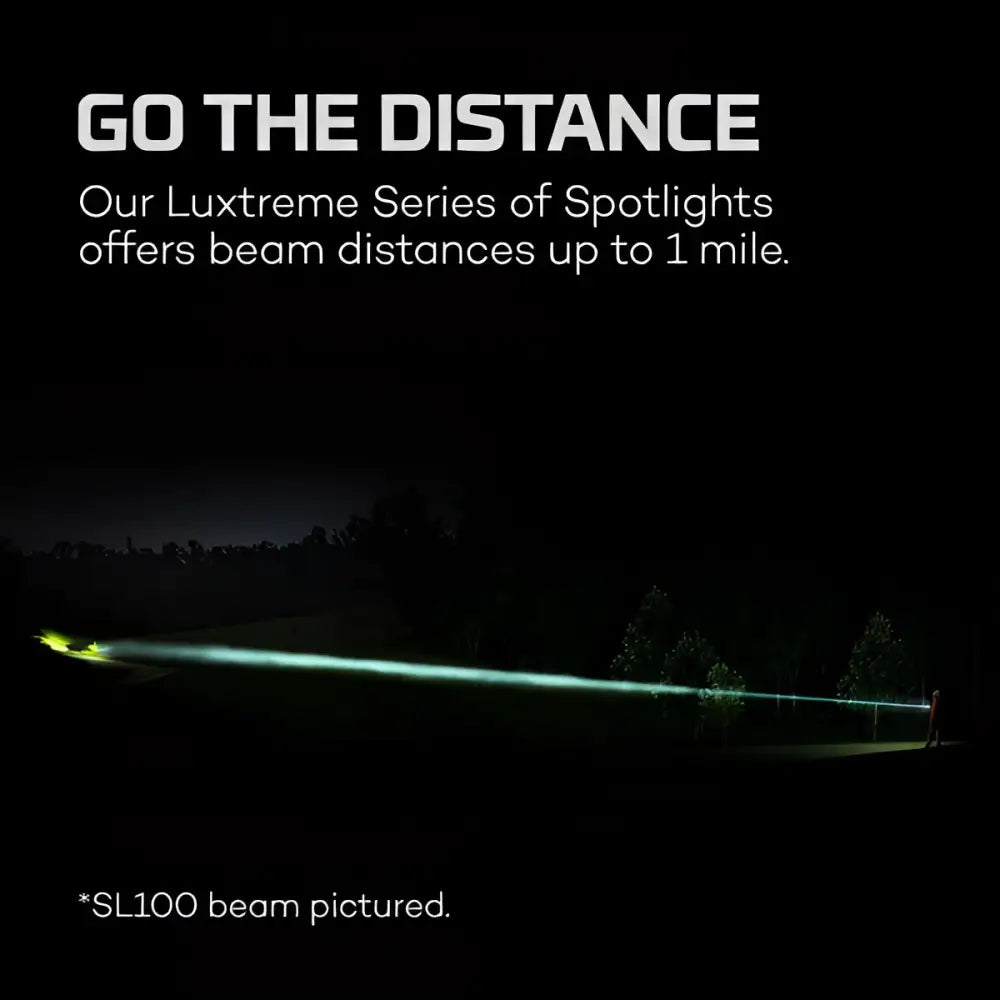 A sleek modern luxtreme sl 50 spotlight with a bright green beam reaching up to half a mile 800m