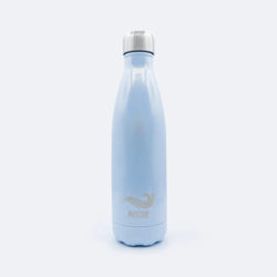 Light blue metallic meribottles mermaid 500 ml water bottle with silver screw-on cap and meri logo etched near base