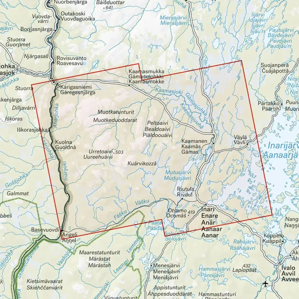 Muotkatunturit ja kaamasjoki 1:60 000 topografinen kartta, jossa on yksityiskohtaiset alueen maastotiedot ja vesistöt