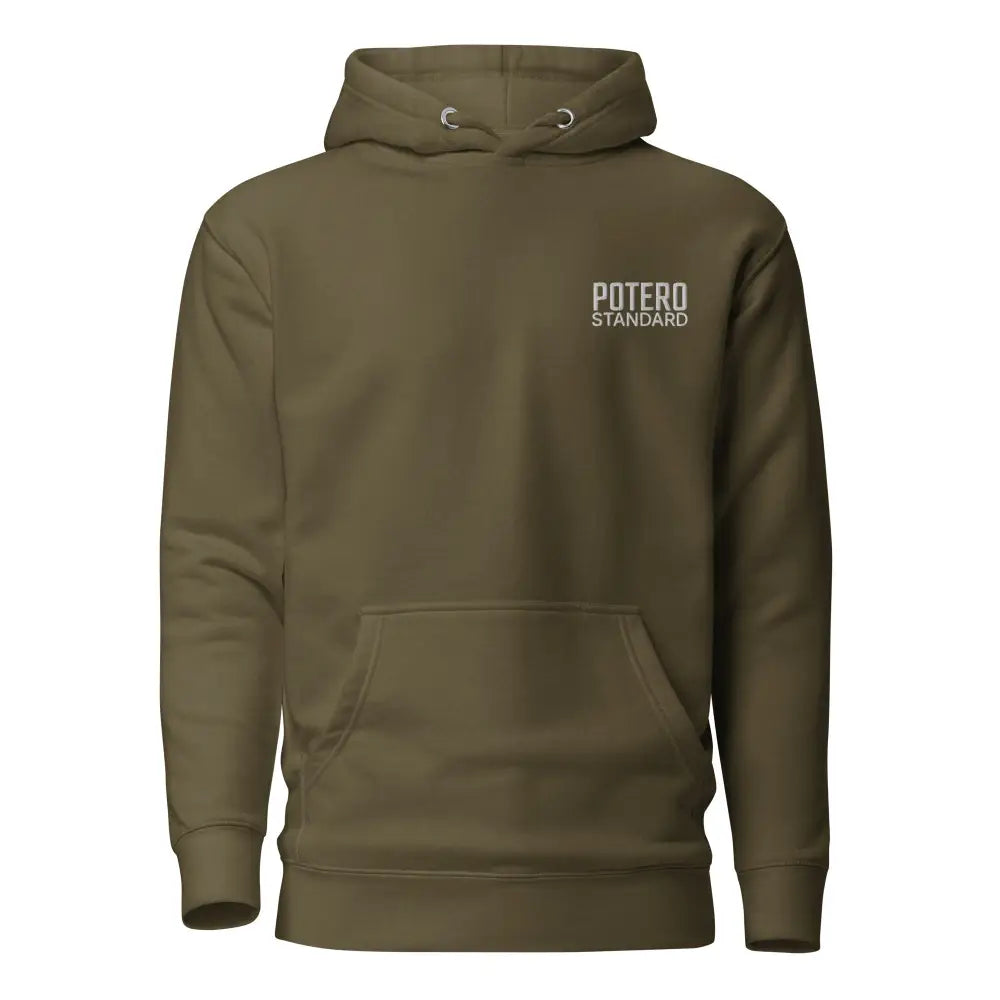 Olive green cotton nlaw huppari with white potero standard embroidery and silver metal drawstrings on the chest