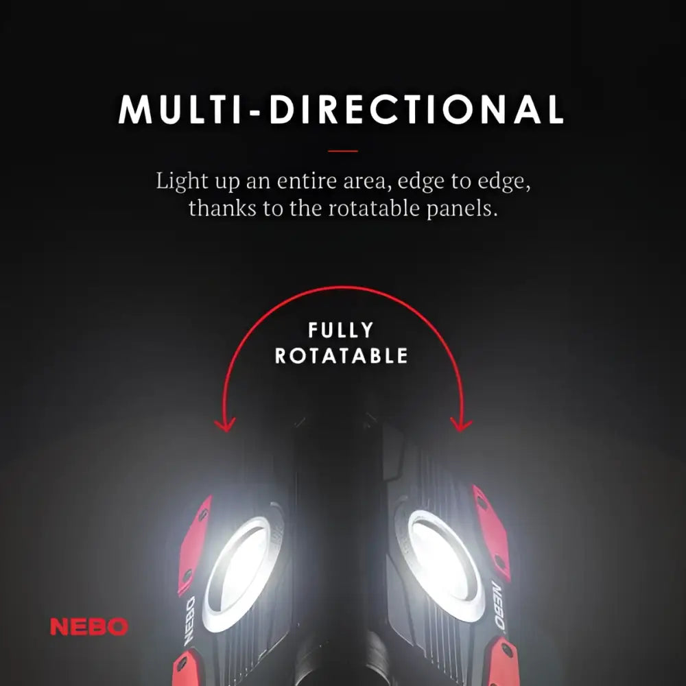 Red and black nebo omni 2k worklight with fully rotatable multi-directional panels for versatile lighting