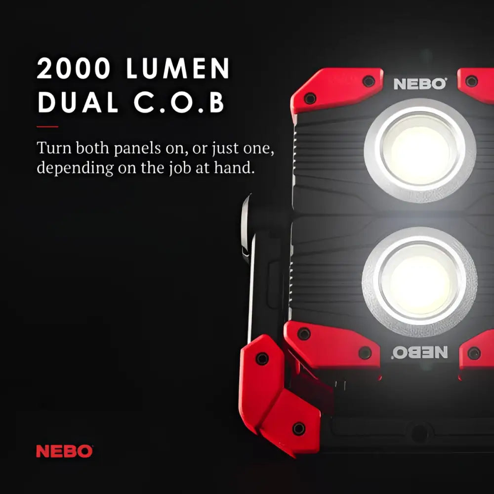 Punainen ja musta nebo 2000 lumenin kaksois c o b led työvalaisin nimeltä omni 2k worklight
