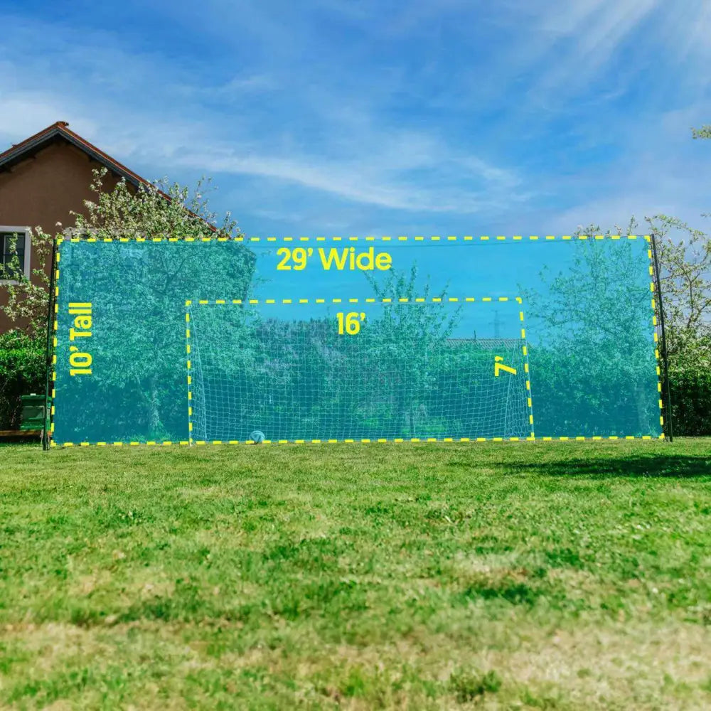Blue translucent soccer goal net with yellow measurement markings on the back of open goaaal football goal 3-in-1 trainer large