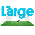 Large outdoor open goaaal football goal with black netting and green grass base for 3-in-1 training