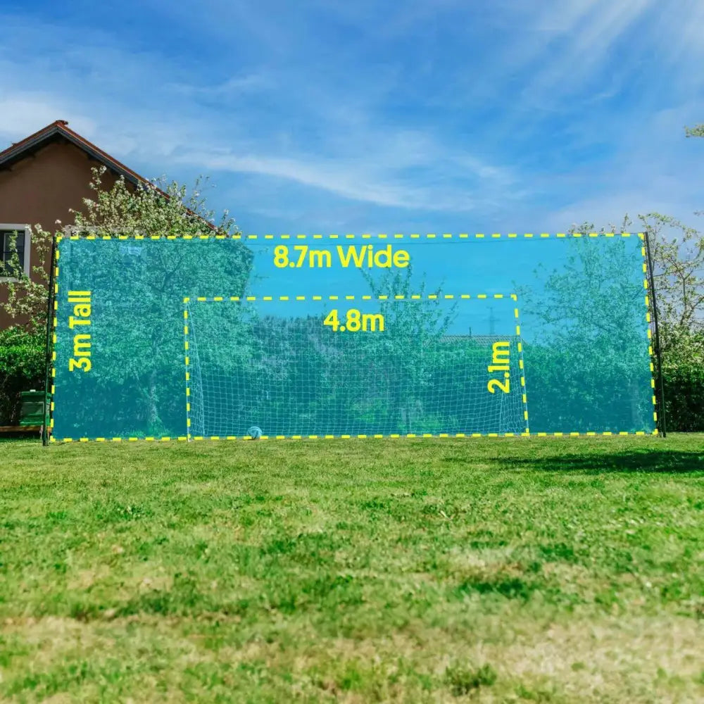 Blue soccer goal net with yellow dimension markings in open goaaal football goal 3-in-1 trainer large product